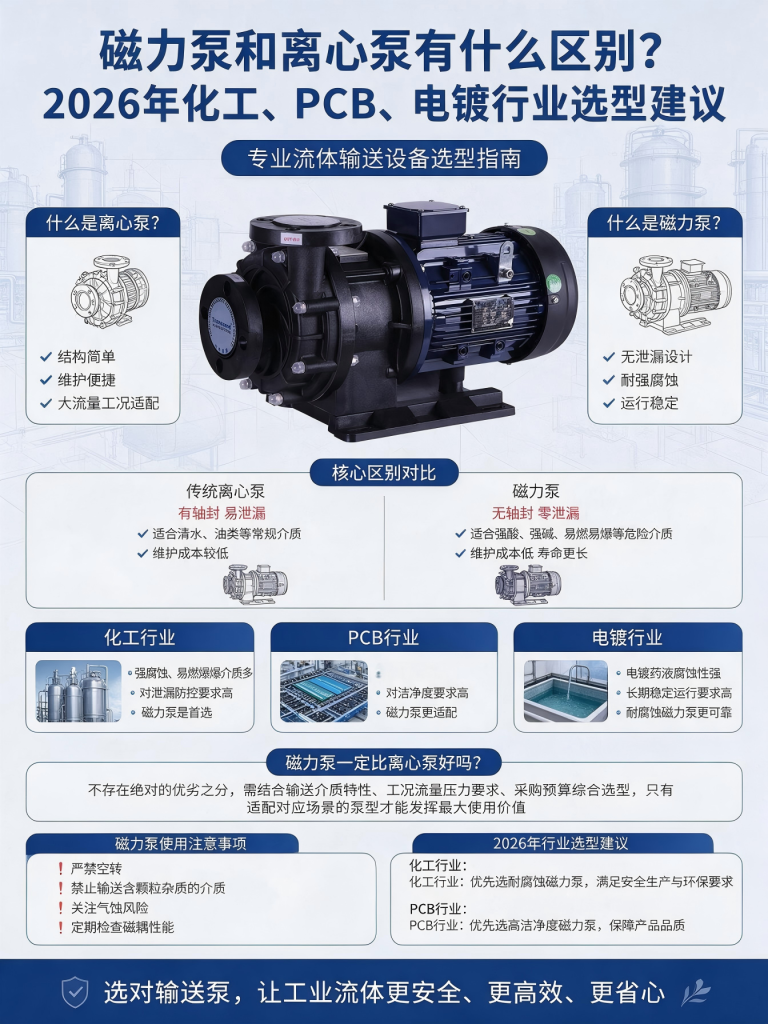 磁力泵和离心泵有什么区别？2026年化工、PCB、电镀行业选型建议