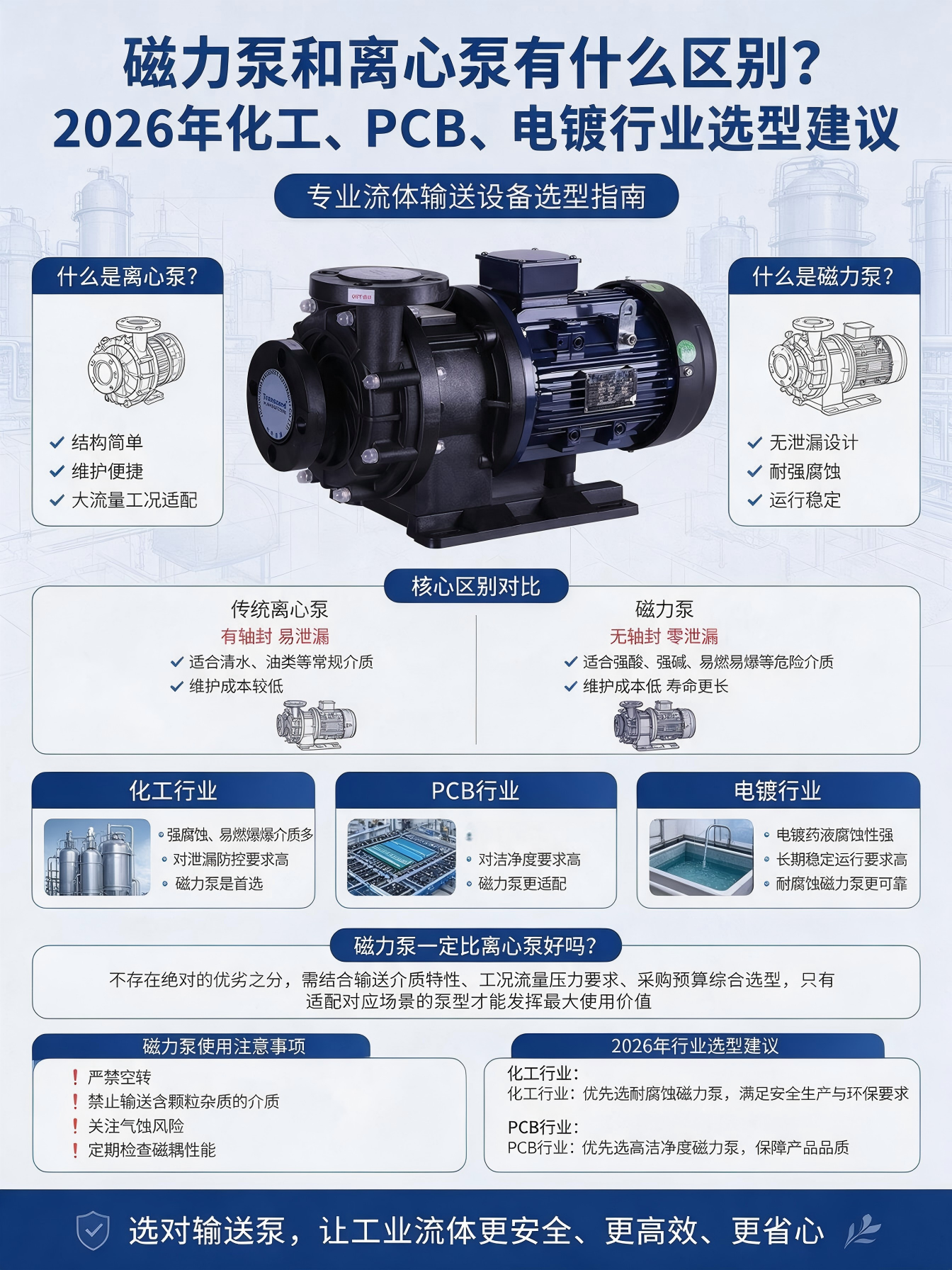 磁力泵和离心泵有什么区别？2026年化工、PCB、电镀行业选型建议